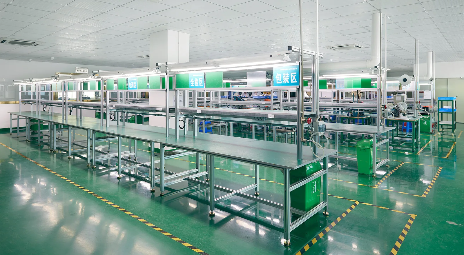 SourceMech production line with electrical test, final inspection and packing stations