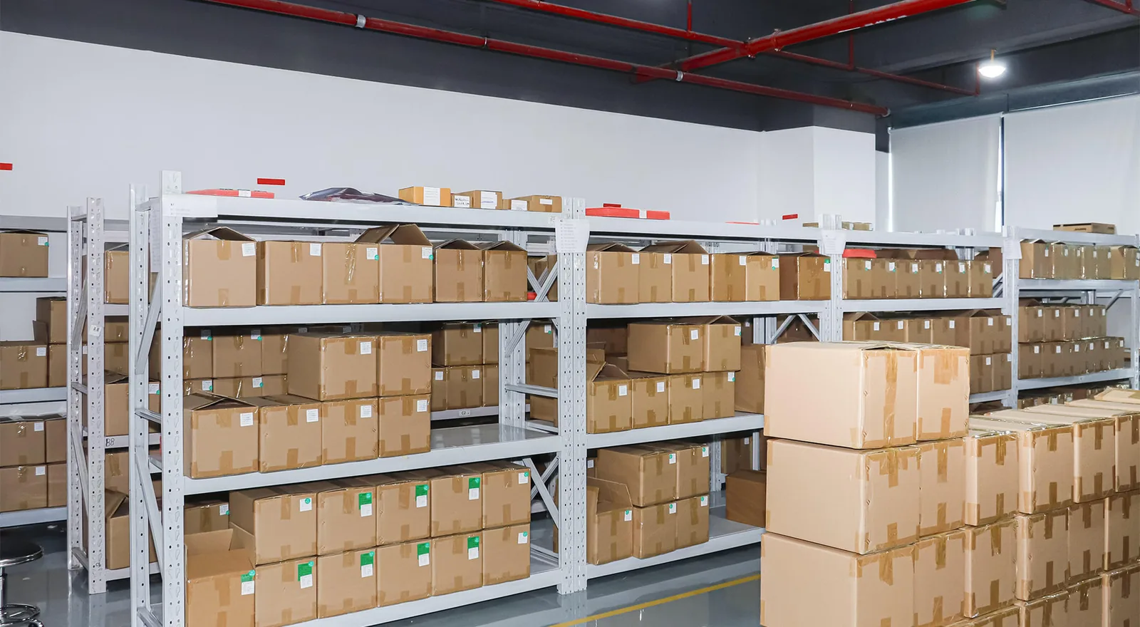 SourceMech warehouse with instruments boxed and ready for international shipping